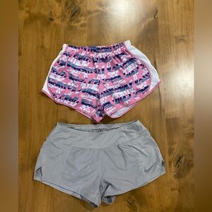 NIKE RUNNING SHORTS - TWO PAIRS - pink youth large, gray women’s small